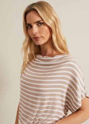 Phase Eight Carina Stripe Cowl Neck T Shirts Beige/White Australia | PO3052164